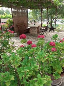 塞科夫列Apartma Fiorina的一座花园,花园内种有粉红色的花卉和木凳
