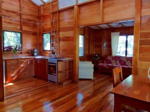 圣伊格纳西奥Vanilla Hills Lodge的一间厨房和客厅,配有木墙和木地板