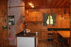 恩斯塔尔豪斯Schmiedalm的小屋内的厨房配有木制橱柜和桌子