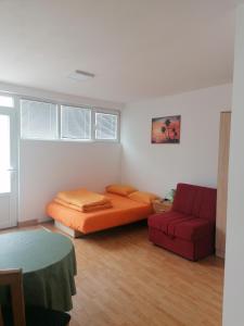 索科矿泉村Studio Milivojevic的一间卧室配有一张床和一张红色的沙发