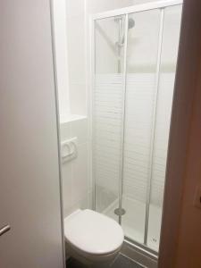 塞普特梅斯·莱瓦隆勒芒酒店的一间带卫生间和玻璃淋浴间的浴室