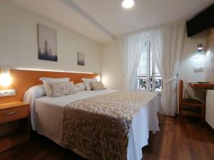 圣地亚哥－德孔波斯特拉阿诺萨旅馆的一间卧室设有一张大床和一个窗户。