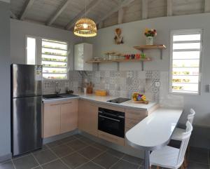 Gros-MorneLes Lausianes的厨房配有不锈钢冰箱和桌子