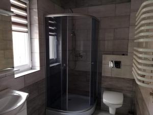 尤斯托尼莫斯基Hotelik Neptun的带淋浴、卫生间和盥洗盆的浴室