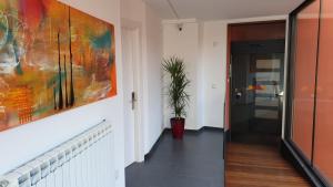 奥洛特Apartaments y Habitacions Entre Volcans的墙上有画作的走廊和植物