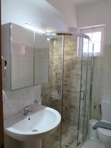 瓦西里科斯波尔图格拉卡斯别墅的带淋浴、盥洗盆和卫生间的浴室