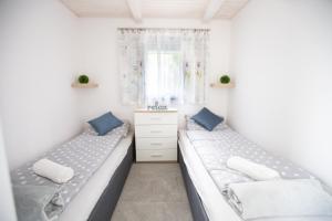 欧罗什哈佐Silver House vendégház的配有白色墙壁和蓝色枕头的客房内的两张床