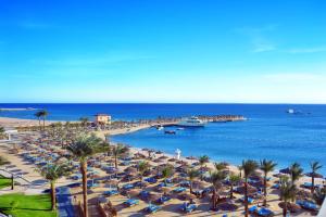 赫尔格达Pickalbatros Aqua Park Resort - Hurghada的海滩上,有椅子和棕榈树,还有大海