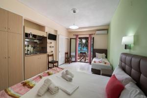 利吉亚玛夫拉一室公寓酒店的一间带床、厨房和卧室的房间
