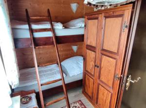 韦耶达Ferienblockhaus Harzidyll的带两张双层床和一扇门的房间