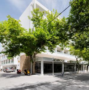 罗德镇Acandia Hotel的前面有棵树的白色建筑