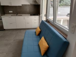 巴萨尼加Holiday Park Mimoza的厨房里配有带两个黄色枕头的蓝色沙发