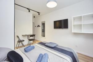 敖德萨City Rooms Apartments的一间卧室配有一张大床和蓝色枕头