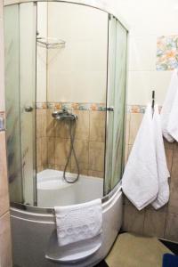 VoznesenskБерізка的浴室里设有玻璃门淋浴