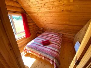 BērzgaleŽubītes的小木屋内的一张小床,设有窗户