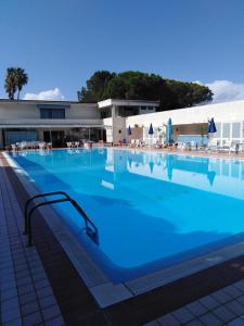 贝尔韦代雷Belvedere Hotel Club的大楼前方的蓝色海水大型游泳池