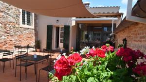 卢卡L'Iris B&B in Terrazza的庭院里种着红色的鲜花,配有桌椅