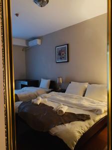 斯特鲁加Hotel Prestige Struga的卧室的镜子反射,配有两张床