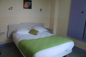 绍维尼Logis Hôtel Beauséjour的一间卧室配有一张带绿毯的床