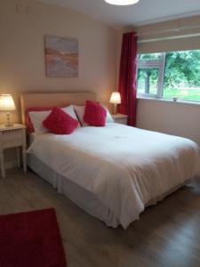 拉斯德拉姆Lettermore 1 Apartment的卧室配有带红色枕头的大型白色床