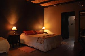 蒂诺加斯塔Casagrande Hotel de Adobe的一间卧室配有一张床,两盏台灯放在两张桌子上