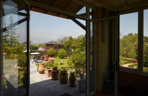 AlmuñaCasa Manoli Luarca的通往种植了盆栽植物的庭院的开放式玻璃门