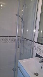 尤斯托尼莫斯基Apartamenty i Pokoje Biala Hortensja的带淋浴和盥洗盆的白色浴室