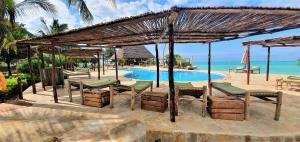 江比阿Reef & Beach Resort - Spa Jambiani的一个带游泳池、椅子和遮阳伞的度假村
