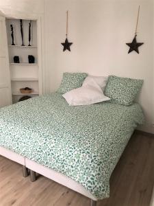 鲁昂La Savane du Donjon的卧室内的一张床铺,墙上挂着星星
