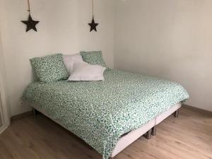 鲁昂La Savane du Donjon的卧室内的一张床位,配有绿色的被子和枕头