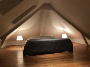 ZwaagFiddler's Hoorn的卧室配有一张床,地板上配有两盏灯。