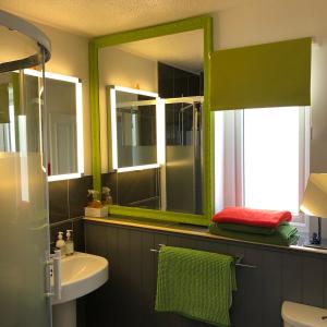 锡德茅斯Coast Apartment的浴室设有绿色镜子和水槽