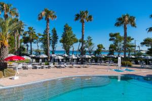 圣伊西多罗萨兰托村蓝色酒店的一座棕榈树和遮阳伞的游泳池