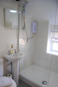 朗日Snowdon Cottage 2的白色的浴室设有水槽和淋浴。