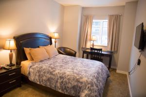 怀特霍斯Downtown Whitehorse 4 bedrooms deluxe condo的配有一张床、一张书桌和一扇窗户的酒店客房