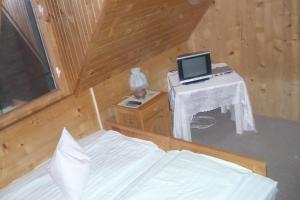 CumpănaCabana Dara的一间卧室配有一张床和一张带笔记本电脑的书桌