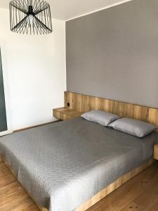 斯维季亚济Sezon的一间卧室配有一张带木制床头板的床