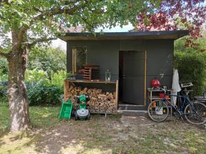 卡塞尔Schaferwagen的一座小绿色房子,有一堆木柴