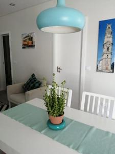 维拉诺瓦-德法马利Vivenda Mendes 2的一间有桌子的房间,上面有盆栽植物