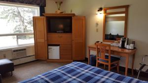 欣顿松林汽车旅馆的一间卧室配有一张床、一张书桌和一台电视