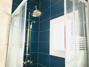 佩尼斯科拉Casita Marinera的浴室设有蓝色瓷砖墙和淋浴。