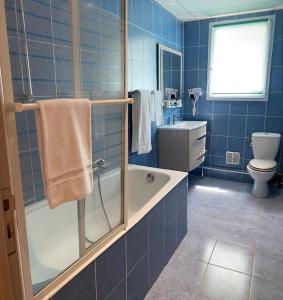 滨海卡涅Hôtel Le Derby的蓝色瓷砖浴室设有浴缸和卫生间