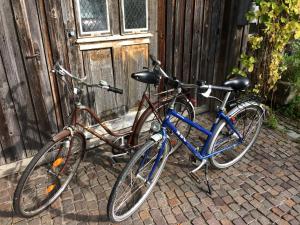 PentlingIdylle II an der Donau的两辆自行车停在木门前