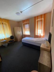 罗滕堡Hotel-Gasthof "Alter Ritter"的卧室配有一张床、一张书桌和窗户。