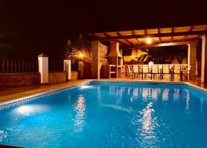 弗里希利亚纳皮里度假屋的夜间大型蓝色游泳池