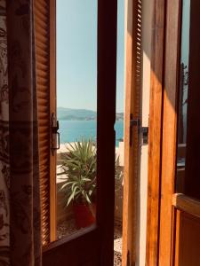 阿基欧斯尼古拉斯玛洛斯旅馆的一道带盆栽植物的开放式门,眺望着大海