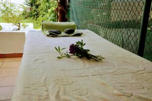 圣地亚哥-杜卡森Santiago Residence Guest House的一张桌子,上面有毛巾和鲜花