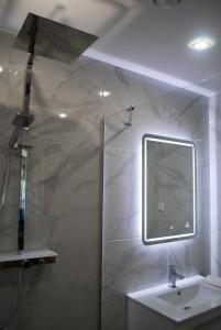 派尔努帕普利公寓的带淋浴、盥洗盆和镜子的浴室