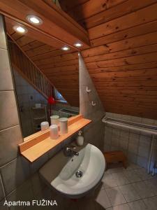 博希尼Apartment Cesar的一间带水槽和木制天花板的浴室