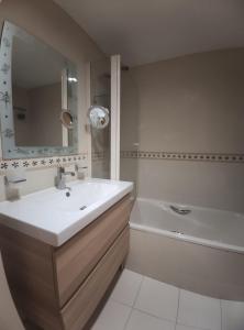 哈卡Apartamento Vive Jaca的一间带水槽、浴缸和镜子的浴室